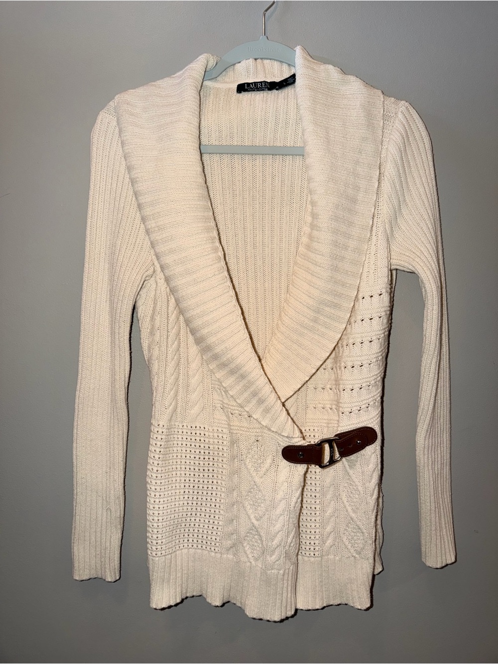 Lauren Ralph Lauren Cream Shawl-Collar Knit Cardigan with Brown Buckle size L